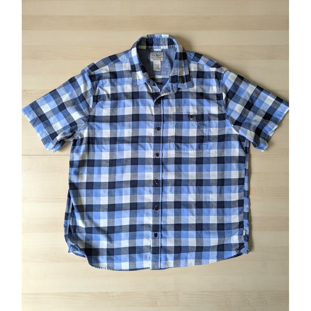 LL Bean Short Sleeve Blue and White Flannel Checkered Buffalo Plaid Button Shirt
